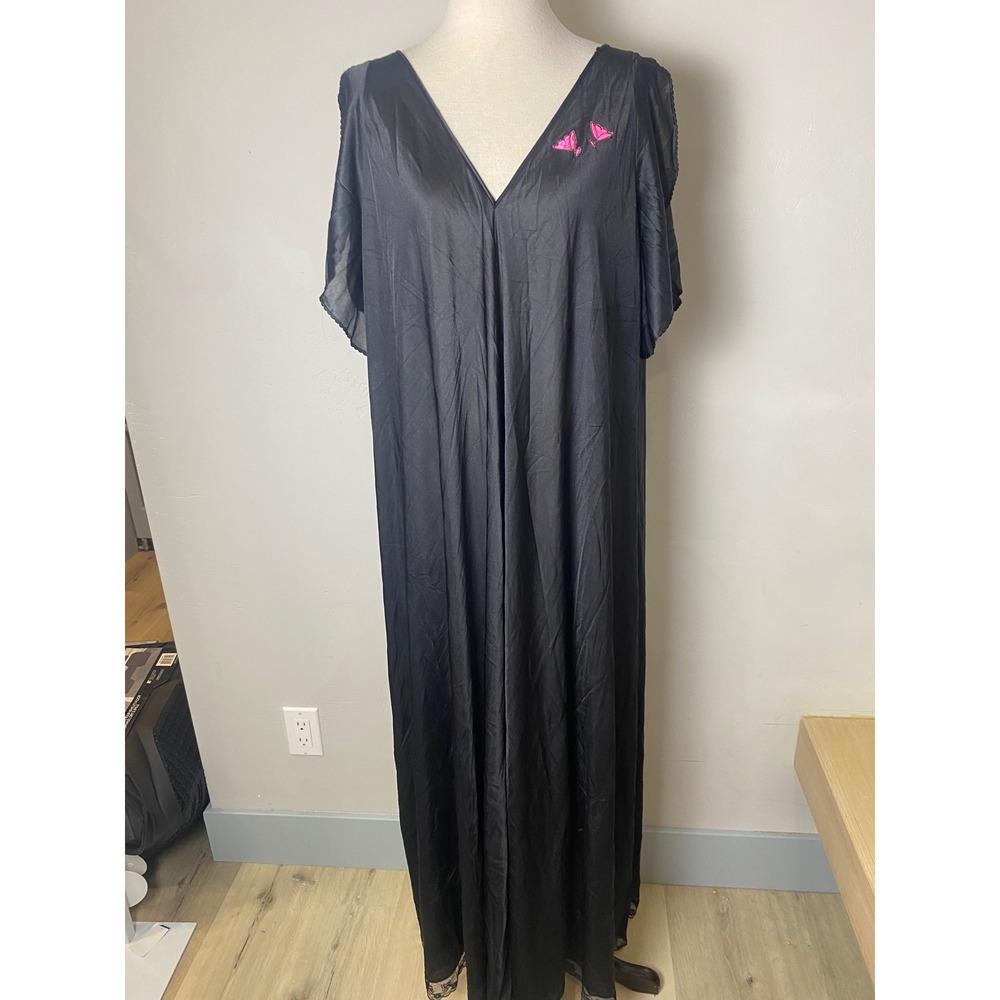 Vintage 60s 70s Black Butterfly Embroidered Maxi Nightgown V-Neck Open Back L - Picture 1 of 5